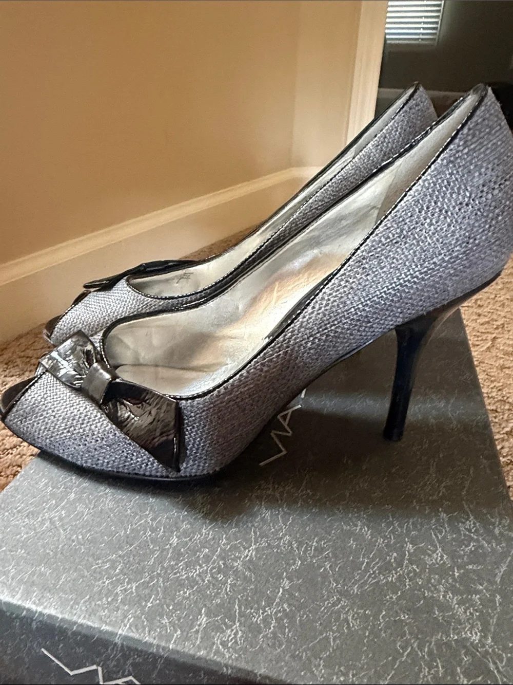 Via Spiga Silver and Black Peep-Toe Heels